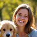 Portrait of Sarah Chen, a cheerful pet owner with her Labrador