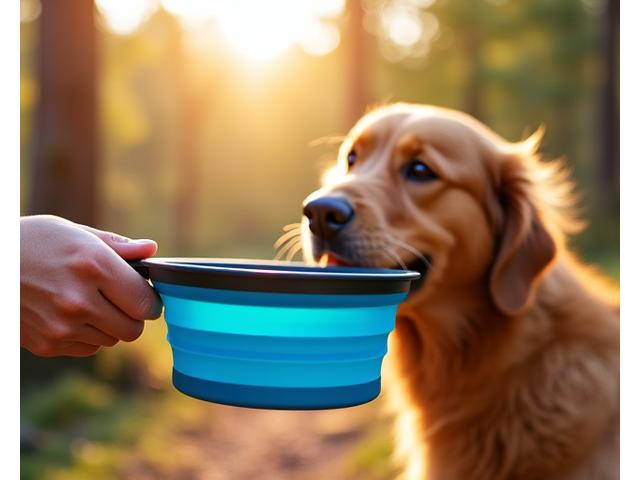 A person offering water to a panting dog from a collapsible travel bowl during a hike.