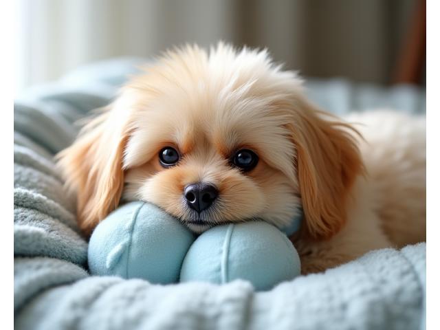 Small dog snuggled contentedly with a soft plush toy.