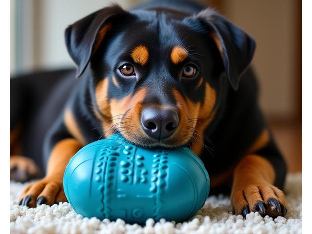 Powerful breed dog happily chewing on a sturdy, textured chew toy.