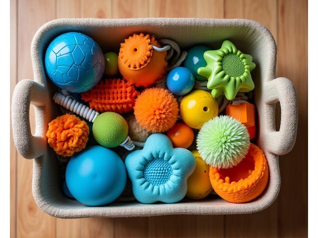 Organized dog toy storage bin with various toys, ready for rotation.