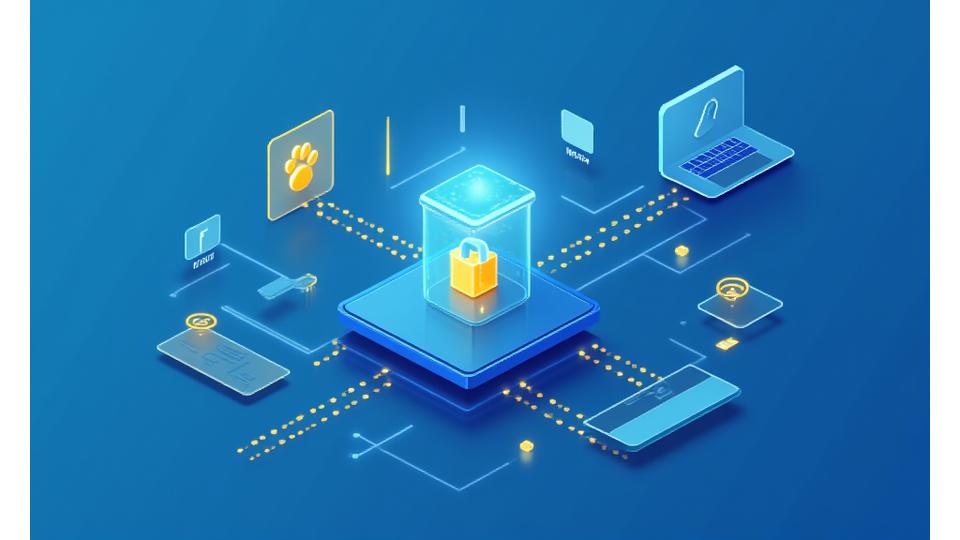 Stylized graphic showing data flowing from a mobile phone and computer into a secure, stylized lock box with paw print, representing secure user data protection.