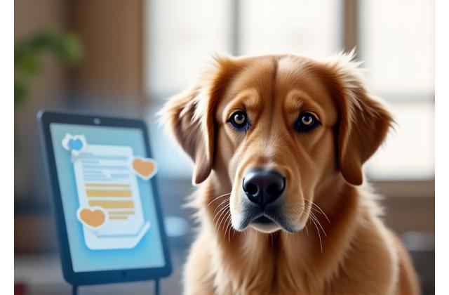 Golden retriever sitting patiently with a confident expression next to a stylized legal document icon, emphasizing clarity and trust